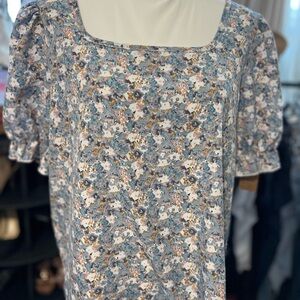 SHEIN Blue Floral Square Neck Blouse